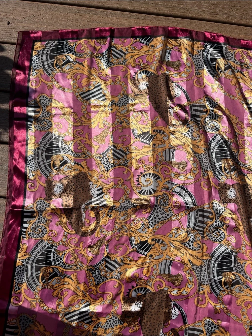 Silk-Feel Leopard Scarf in Plum and Gold 37.5 square